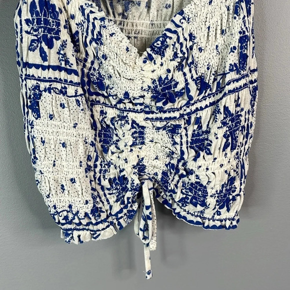 URBAN OUTFITTERS NWT Blue Floral Motif Cami Crop Top Smock Drawstring Tied M - Picture 4 of 12